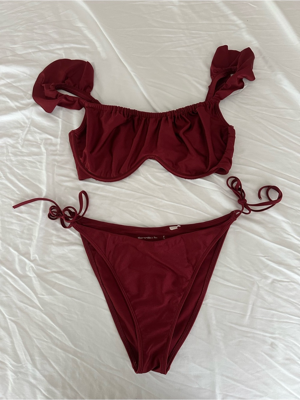 Abercrombie & Fitch Women's Burgundy Ruffled Strap Bikini Set